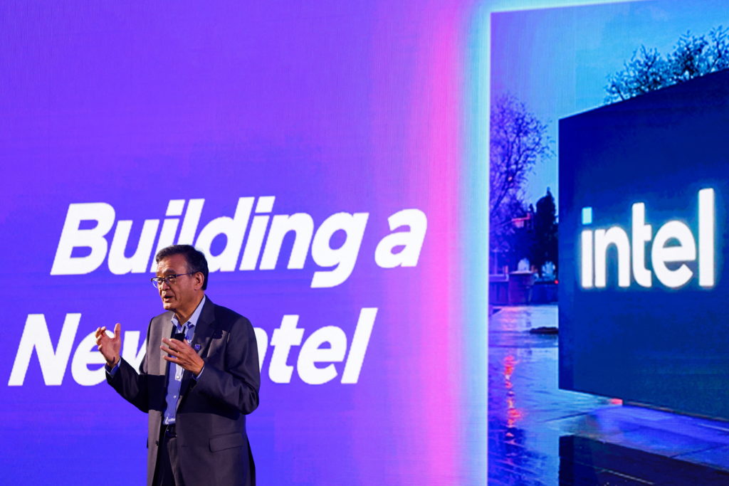 Intel CEO Lip-Bu Tan makes a speech on stage in Taipei