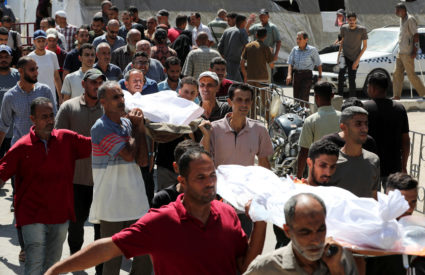 Funeral of Palestinians killed in Israeli strike, according to medics, at Al-Ahli Arab Hospital in Gaza City