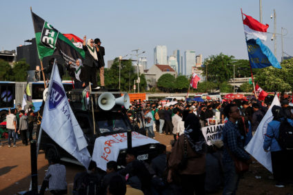 Protest outside Indonesian parliament building, in Jakarta