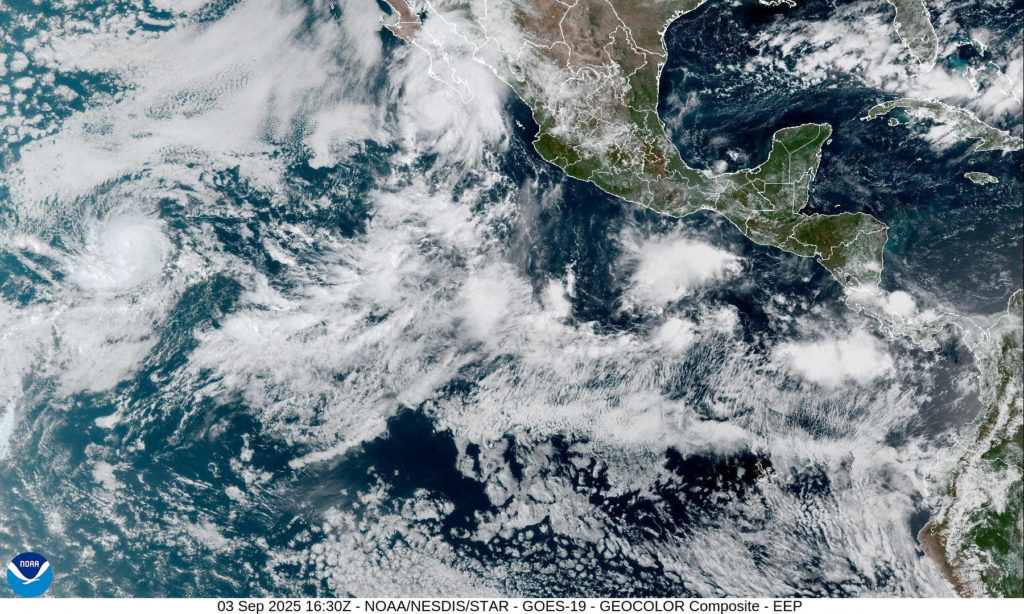 A satellite image shows Hurricane Lorena off the coast of Mexico near the Gulf of California