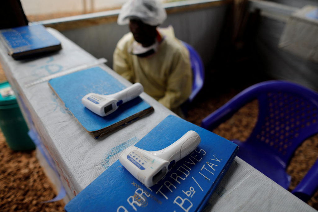 FILE PHOTO: Thermometers are pictured at the entrance of an Ebola treatment centre in the Eastern Congolese town of Butembo