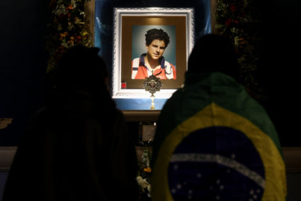 Worshippers celebrate the canonisation of Carlo Acutis in Sao Paulo