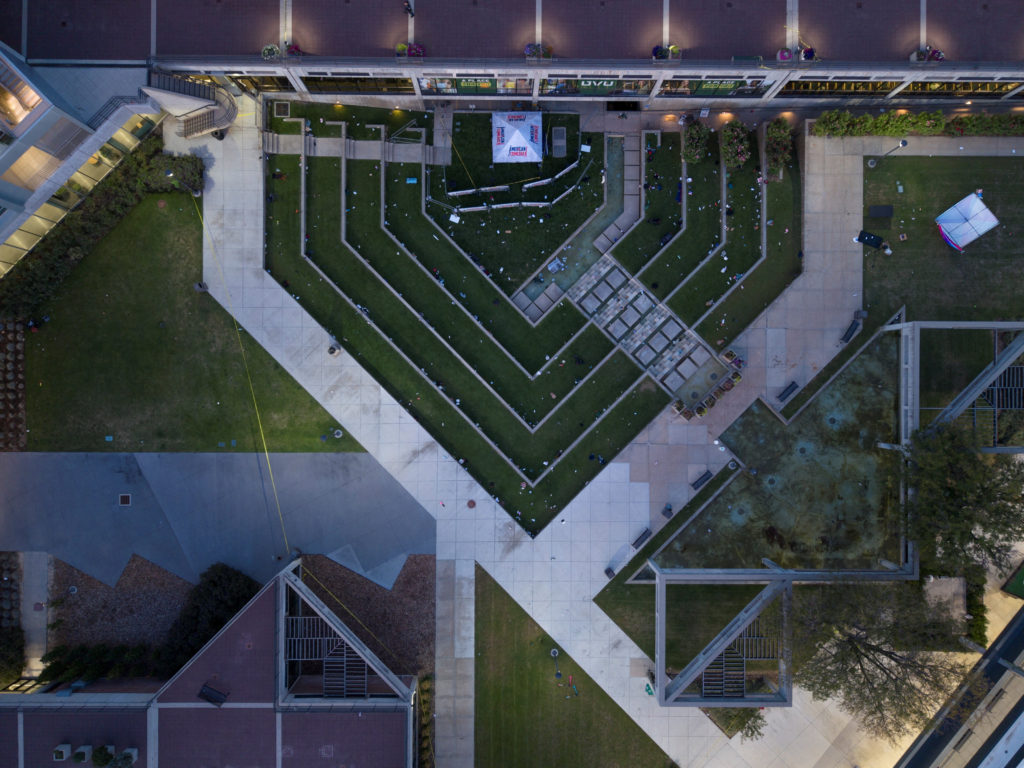 A drone view shows the scene where Charlie Kirk was fatally shot at Utah Valley University event, in Orem