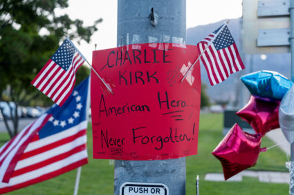 Makeshift memorial for U.S. right-wing activist Charlie Kirk outside of Timpanogos Regional Hospital, in Orem