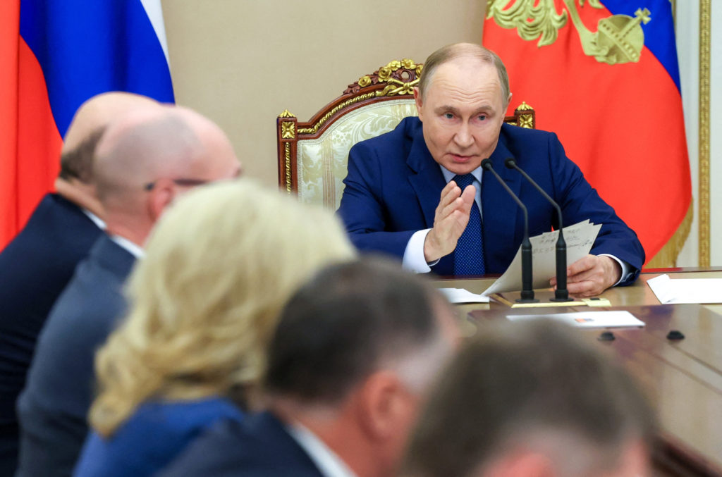 Russian President Vladimir Putin holds a meeting on economic issues at the Kremlin in Moscow