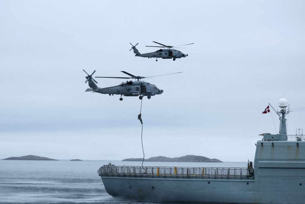 The frigate Niels Juel sails off the coast of Greenland during military drills