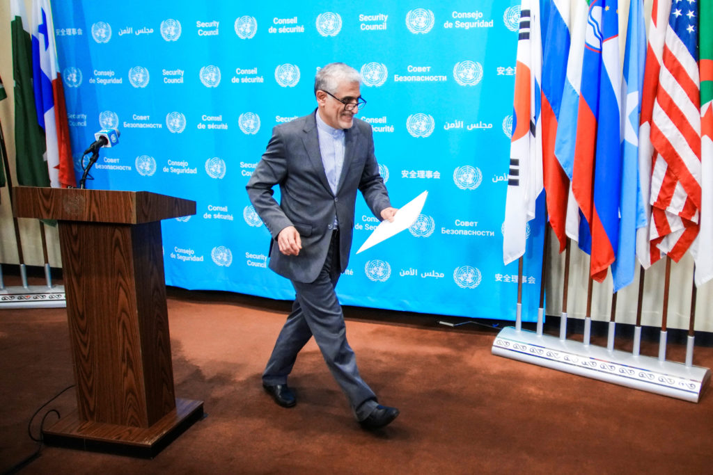 Iran’s Ambassador to the United Nations, Amir-Saeid Iravani, speaks during a stakeout after a resolution that would perman...
