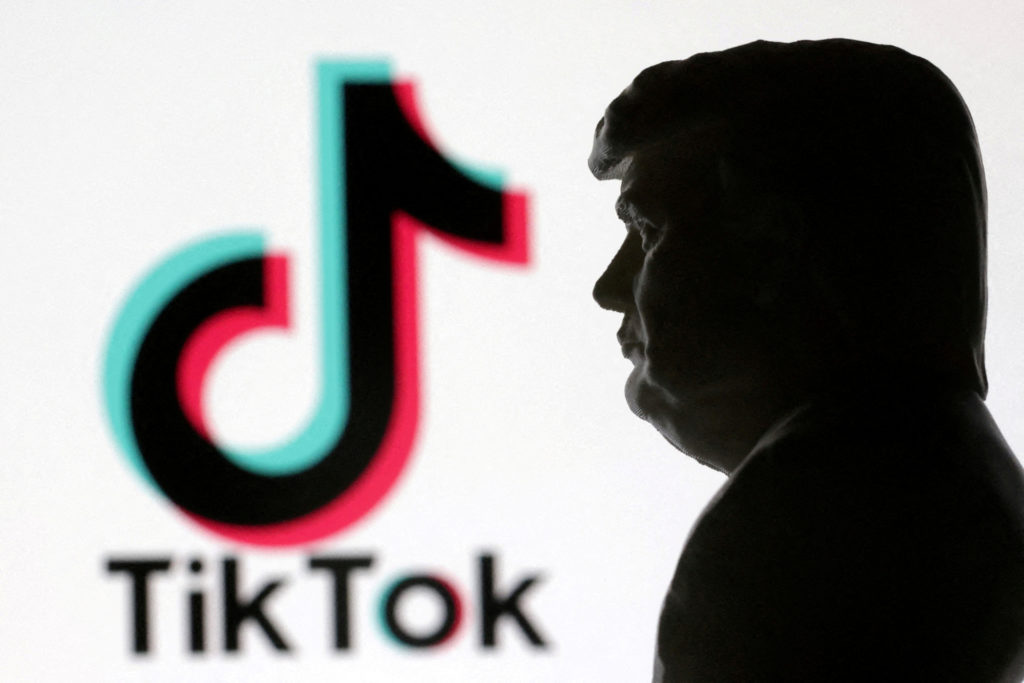 FILE PHOTO: Illustration shows 3D-printed Donald Trump miniature model and TikTok logo