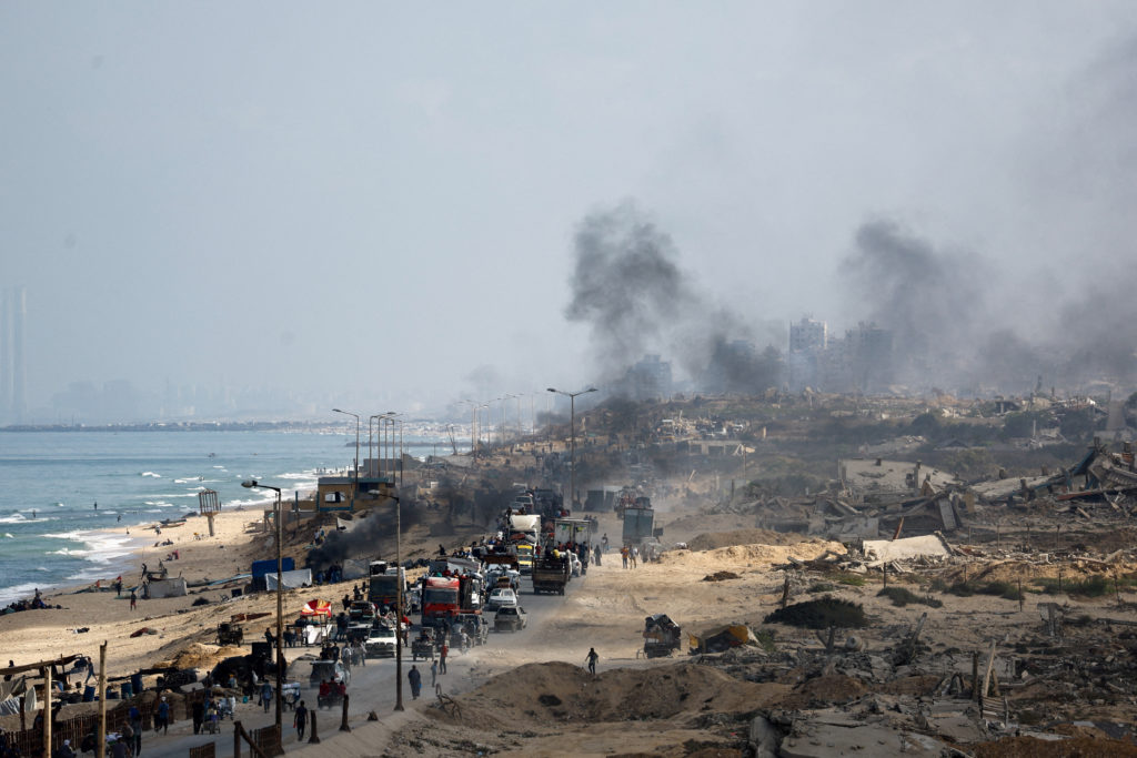 Displaced Palestinians fleeing northern Gaza due to Israeli operation move southward, in Gaza Strip