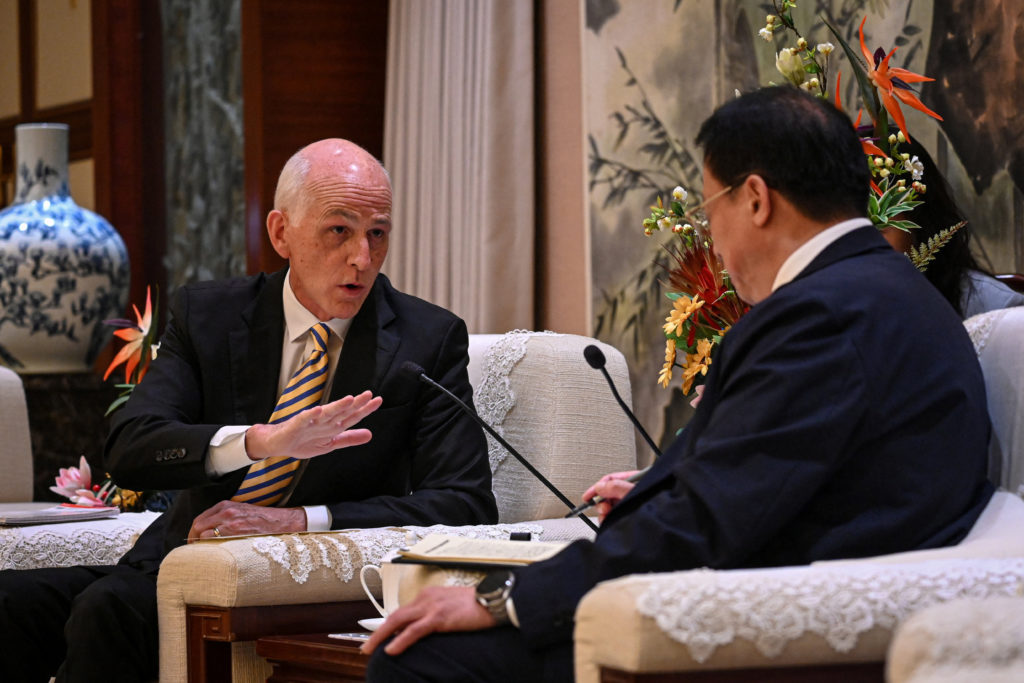 US Representative Adam Smith and Shanghai Mayor Gong Zheng attend a meeting at the Shanghai's municipal government in Shan...