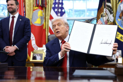 U.S. President Donald Trump signs executives orders at the White House in Washington, D.C.