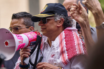Colombian President Gustavo Petro addresses pro-Palestinian demonstrators during the 80th U.N. General Assembly, in New Yo...