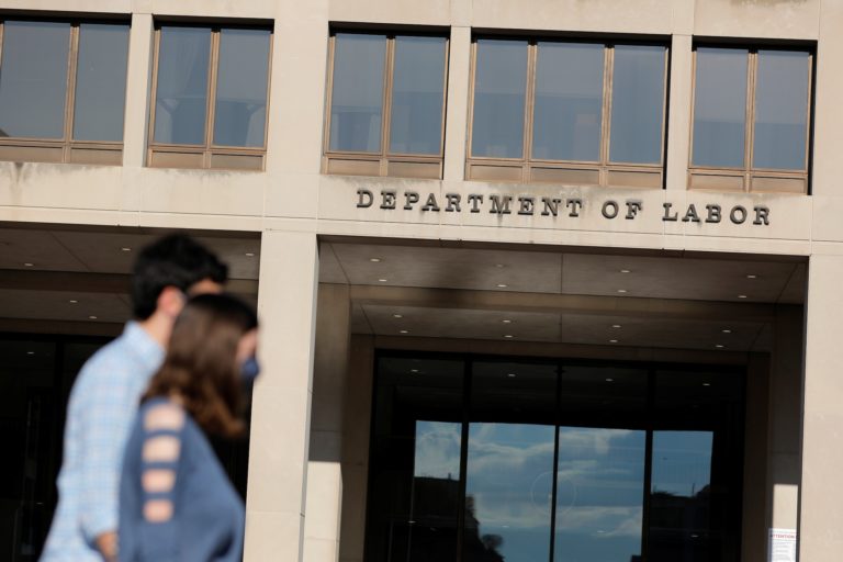 Signage is seen at the United States Department of Labor headquarters in Washington, D.C.