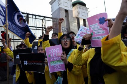 Protest outside Indonesian parliament building in Jakarta