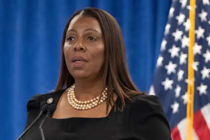 New York Attorney General Letitia James holds a press conference following a ruling against former U.S. President Donald T...