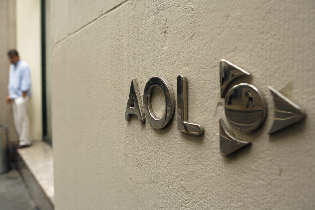 The AOL logo is seen on the outside of the building housing the companies corporate headquarters in New York