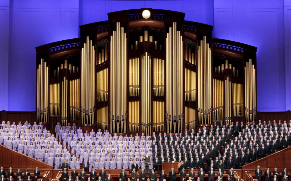 The Mormon Tabernacle Choir sings at the first session of The Church of Jesus Christ of Latter-day Saints' 185th Annual Ge...