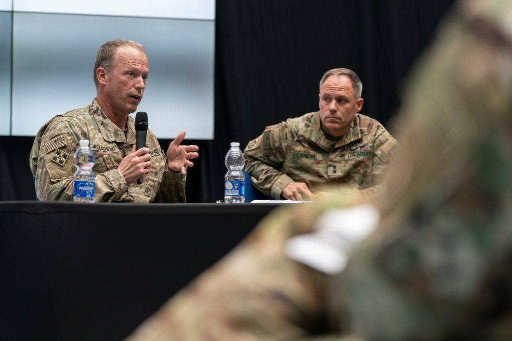 U.S. Army Lt. Gen. John Kolasheski and U.S. Army Maj. Gen. Christopher LaNeve speak with reporters in Poland near the Ukra...