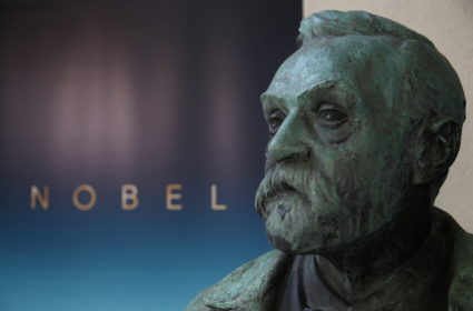 A view of a bust of Alfred Nobel in the Nobel Forum in Stockholm