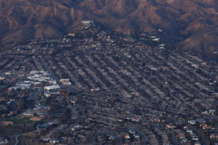 Aerial image of the Palisades Fire damage to the Pacific Palisades, California