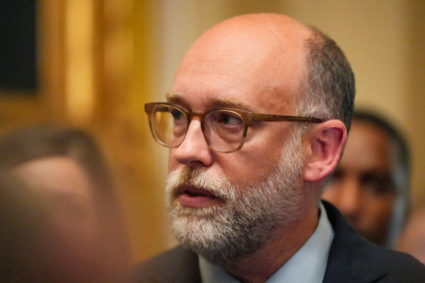 Director of the Office of Management and Budget Vought talks to reporters on Capitol Hill