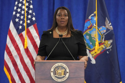 FILE PHOTO: New York Attorney General Letitia James holds a press conference following a ruling against former U.S. Presid...
