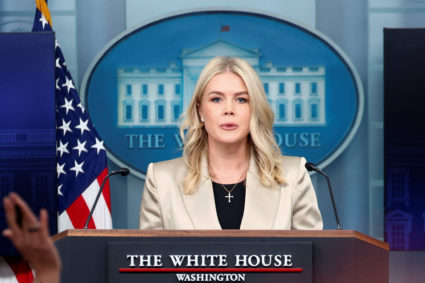 White House Press Secretary Karoline Leavitt holds a press briefing at the White House in Washington