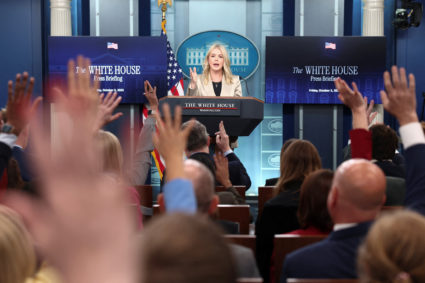 White House Press Secretary Karoline Leavitt holds a press briefing at the White House in Washington
