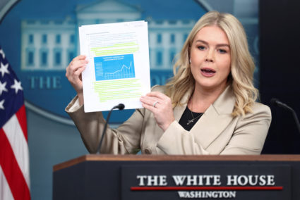 White House Press Secretary Karoline Leavitt holds a press briefing at the White House in Washington