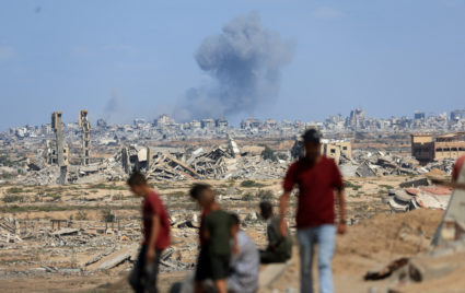 Smoke rises following explosions amid Israeli offensive in Gaza City, as seen from central Gaza Strip