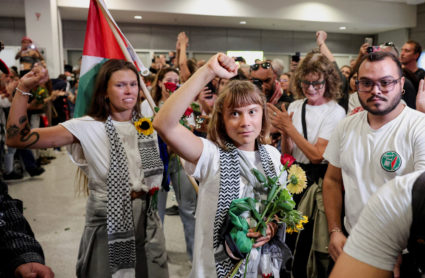 Participants of the Global Sumud Flotilla arrive in Athens after Israel detention