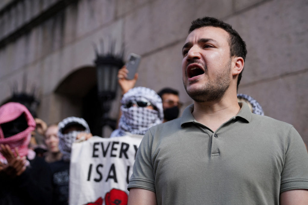 Columbia University graduate Mahmoud Khalil attends a pro-Palestinian protest, on the two-year anniversary of the deadly O...