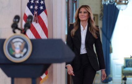 U.S. first lady Melania Trump makes an announcement from the Grand Foyer at the White House in Washington