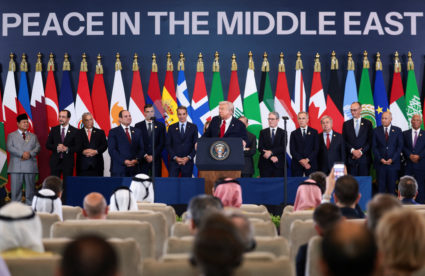 U.S. President Trump participates in the official signing of the first phase of the Gaza ceasefire agreement, in Sharm El-...