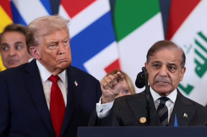 U.S. President Trump participates in the official signing of the first phase of the Gaza ceasefire agreement, in Sharm El-...