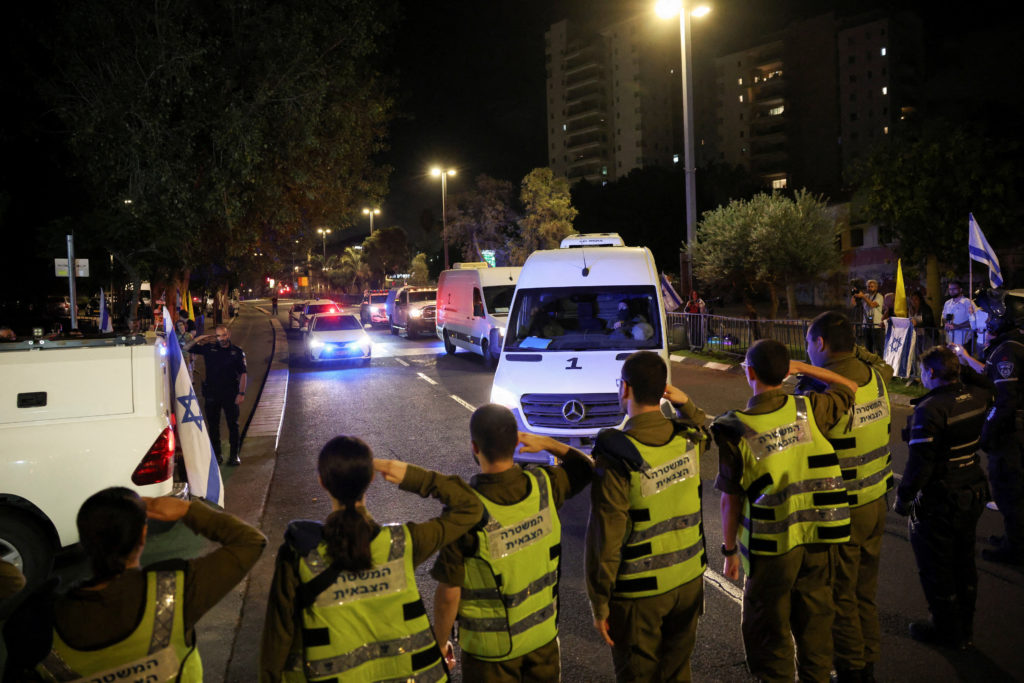 Convoy transporting the bodies of deceased hostages, kidnapped during the deadly October 7, 2023 attack by Hamas, arrives ...