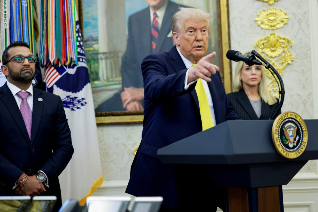 U.S. President Trump and FBI Director Patel hold press conference at the White House in Washington