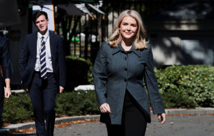 White House Press Secretary Leavitt speaks to reporters at the White House in Washington