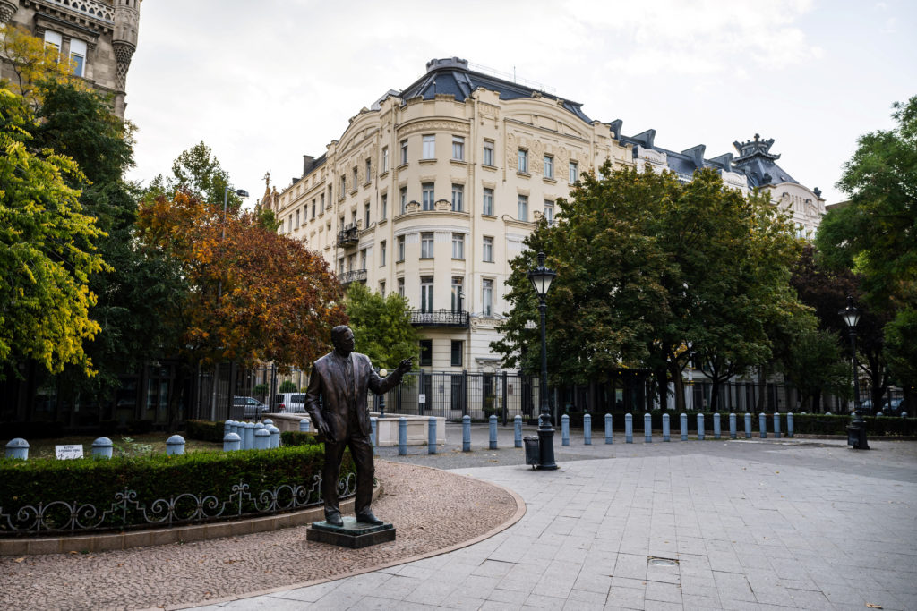 Statue of former U.S. President Bush stands in front of the Embassy of the United States of America in Budapest