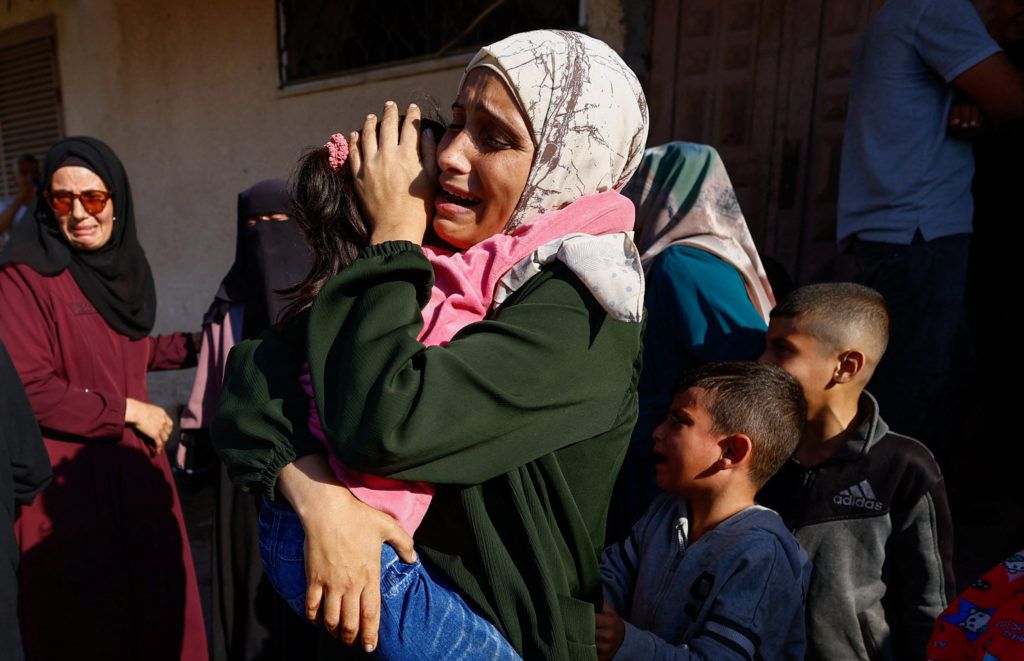 Funeral of Palestinians killed in Israeli strike, according to medics, at Al-Aqsa Martyrs Hospital, in Deir al-Balah