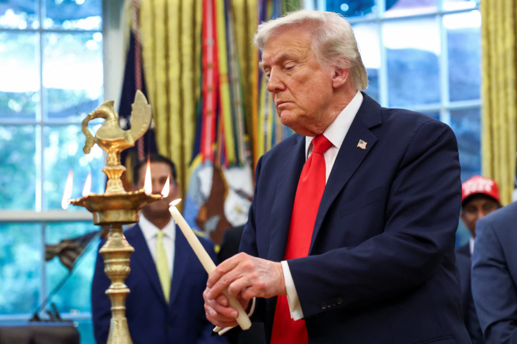U.S. President Donald Trump participates in a Diwali celebration in the Oval Office of the White House in Washington
