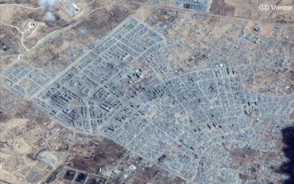 A satellite image shows an overview of destroyed buildings in Rafah
