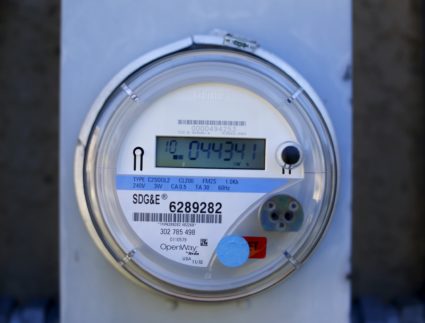 An SDG&amp;E utility meter is shown at a MASH-funded solar housing project in National City, California