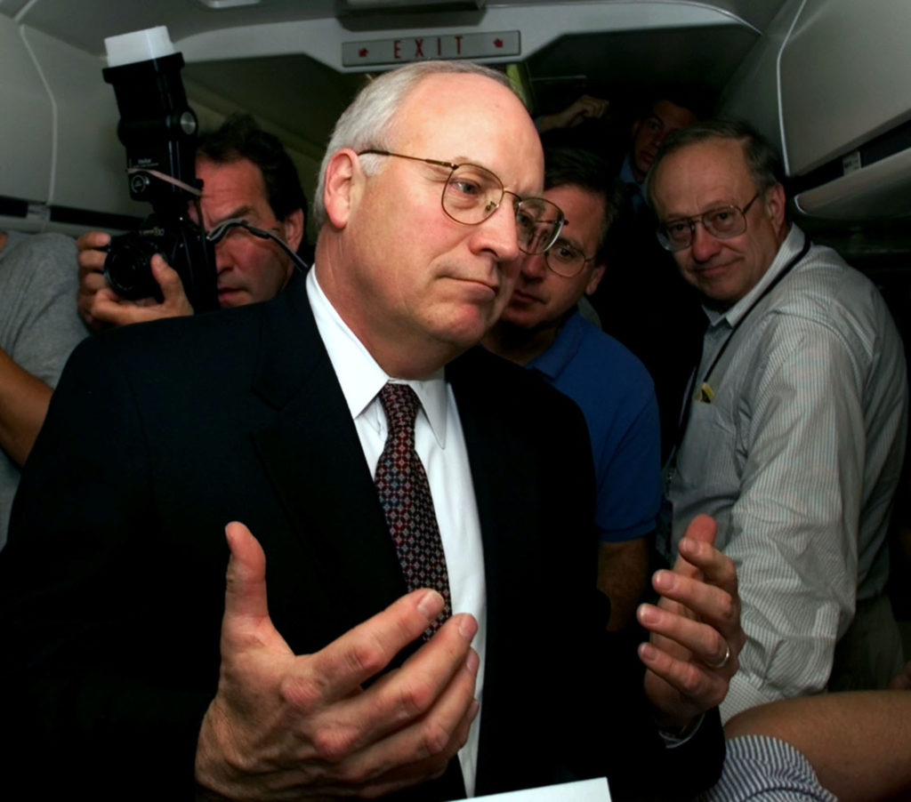 CHENEY TALKS TO REPORTERS ON CAMPAIGN PLANE.