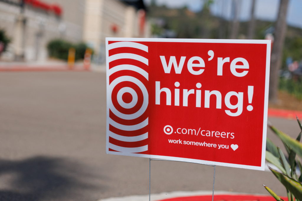 "We're hiring" sign outside Target store in Encinitas