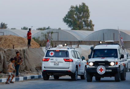 Red Cross transports bodies of two deceased hostages, kidnapped during October 7, 2023, attack on Israel by Hamas, after t...