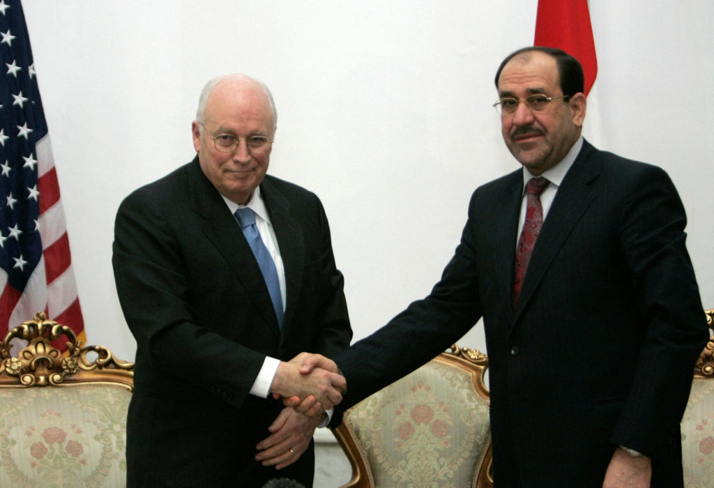 FILE PHOTO: Iraqi Prime Minister Nuri al-Maliki shakes hands with U.S. Vice President Dick Cheney in Baghdad