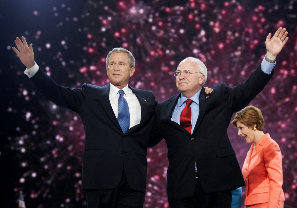 FILE PHOTO: U.S. President Bush and Vice President Cheney celebrate at conclusion of 2004 RNC