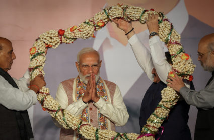 India's Prime Minister Narendra Modi celebrate the Bihar state assembly election results at the party headquarters in New ...