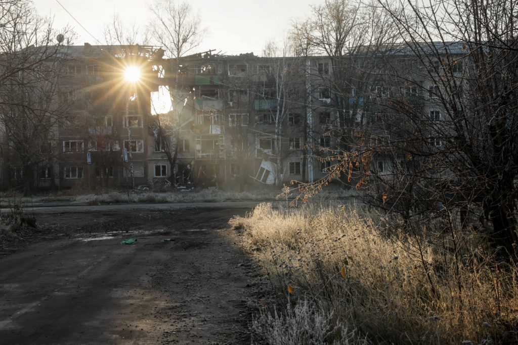 An apartment building damaged by a Russian military strike in the frontline town of Kostiantynivka